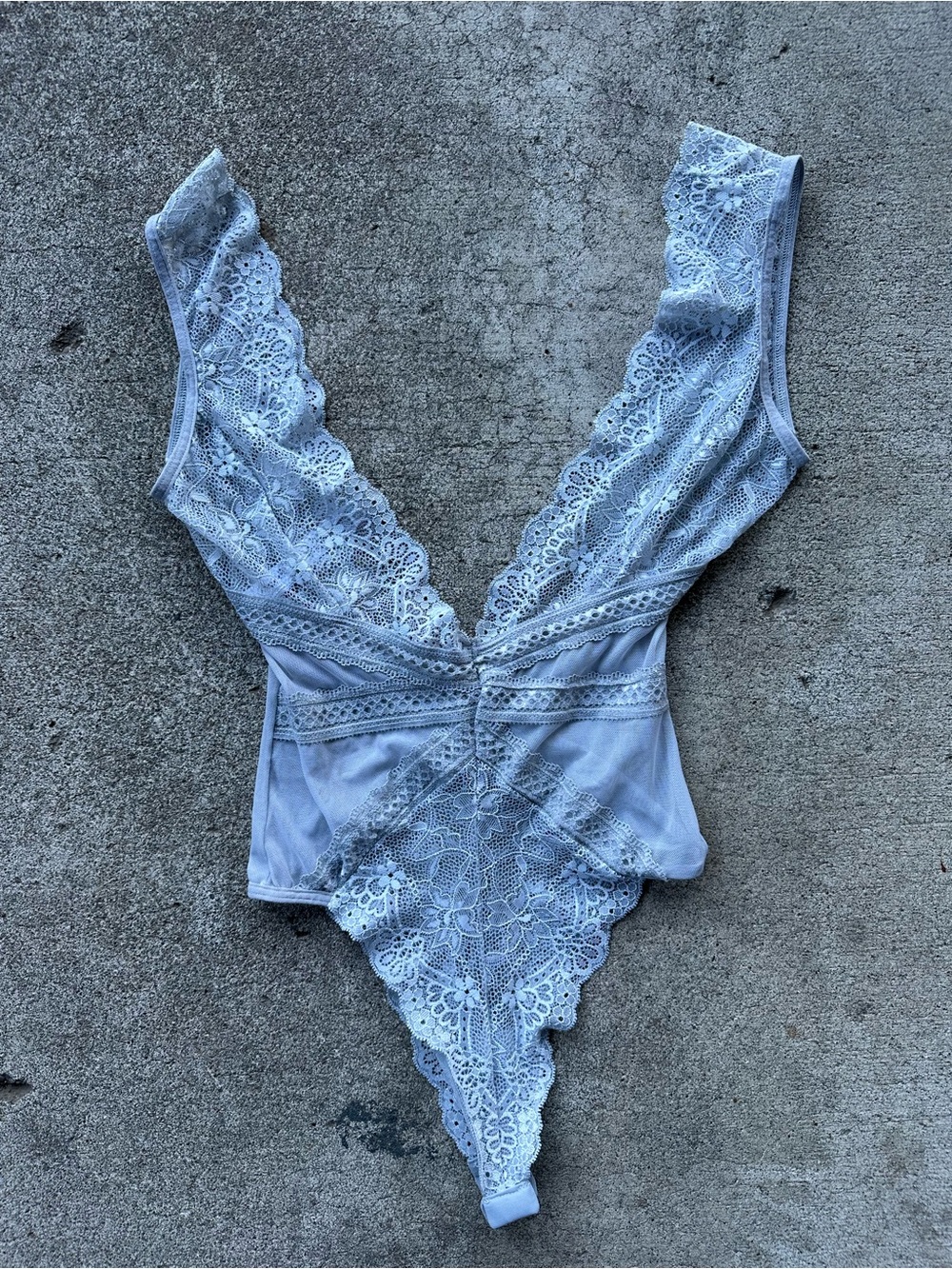 Mapale Blue Lace Plunge V Neck Bodysuit